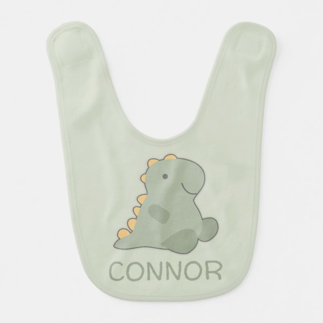 Cute Light Green Personalized Dinosaur Baby Bib (Front)