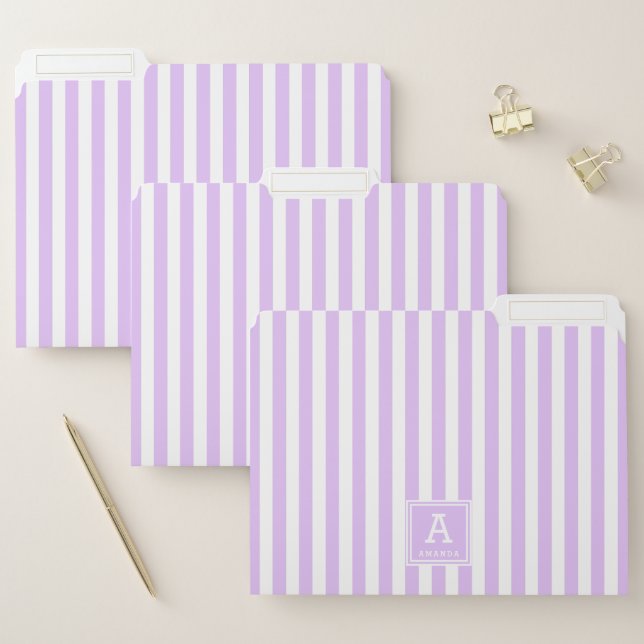 Cute Light Lavender Stripes Monogrammed Initials File Folder (Set)