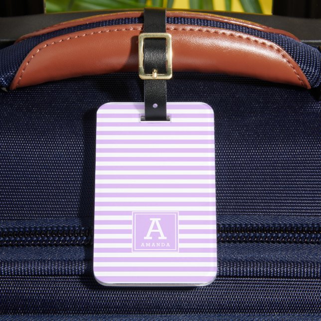 Cute Light Lavender Stripes Monogrammed Initials Luggage Tag (Front Insitu 2)