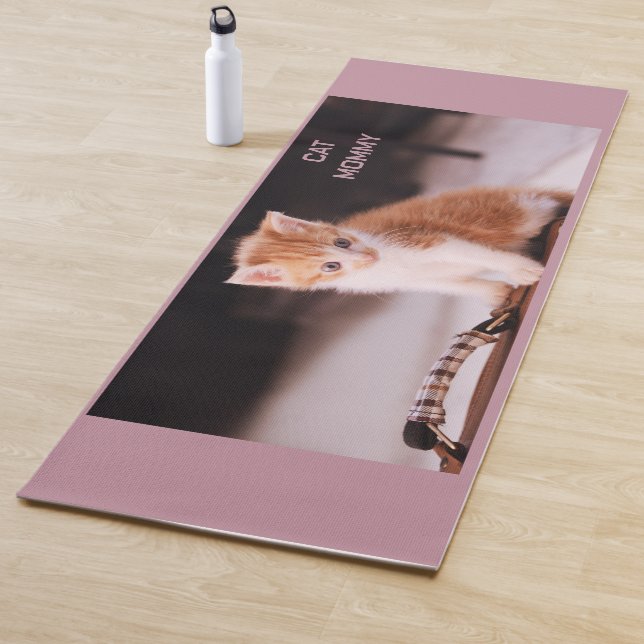 Cute Light Mauve "Cat Mommy" Orange Kitten Yoga Mat (In Situ)