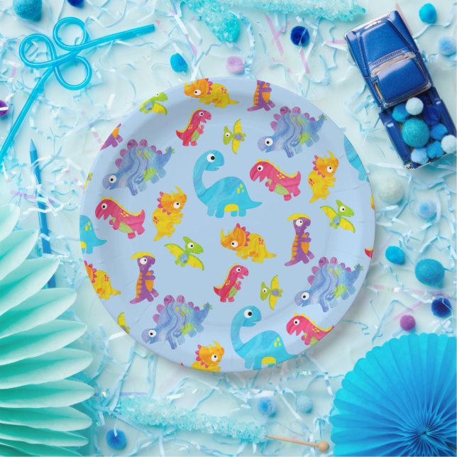 Cute Light Pastel Blue Baby Dinosaur Birthday Paper Plates (Party)