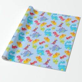 Cute Light Pastel Blue Baby Dinosaur Birthday Wrapping Paper