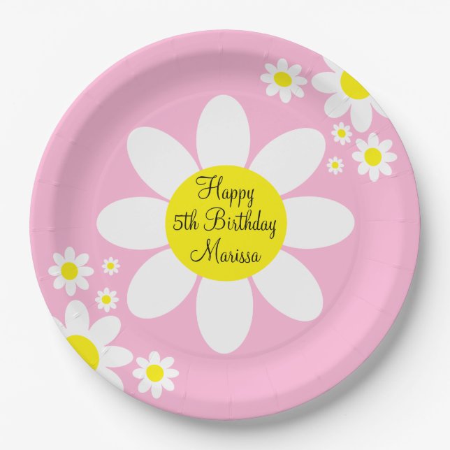 Cute Light Pink and White Floral 5th Birthday Paper Plates (Front)