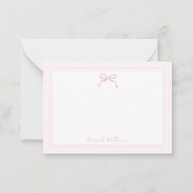 Cute Light Pink Bow and Stripes Border Note Card (Front)