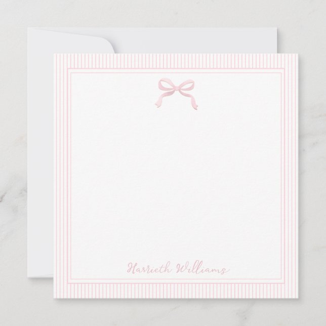 Cute Light Pink Bow and Stripes Border Note Card (Front)