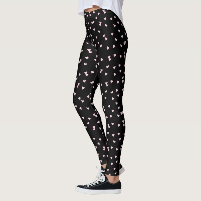 Cute Light Pink Heart Pattern on Black Leggings (Left)