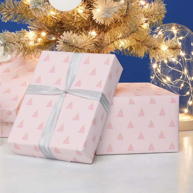 Cute Light Pink Pretty Christmas Trees Pattern Wrapping Paper (Holidays)