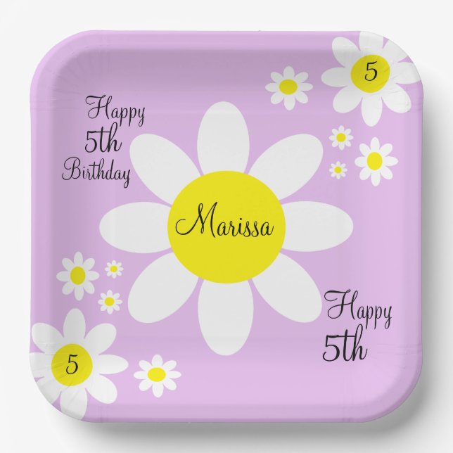 Cute Light Purple and White Floral 5th Birthday Paper Plates (Front)