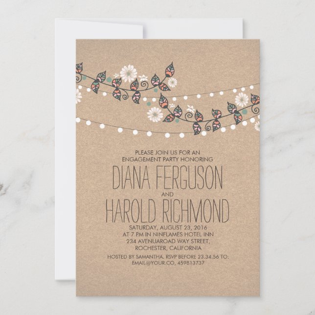 Cute Light Strings Floral Rustic Engagement Party Invitation (Front)