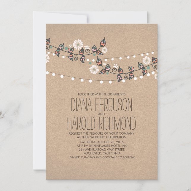 Cute Light Strings Floral Rustic Wedding Invite (Front)