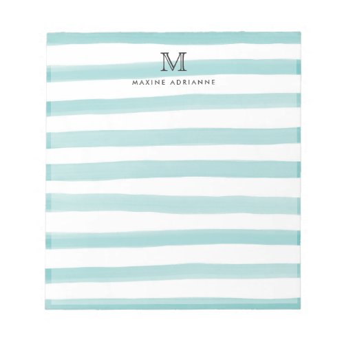 Cute Light Teal Green Watercolor Stripes Monogram Notepad