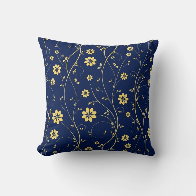 Cute Light Yellow & Blue Delicate Floral Pattern Throw Pillow (Front)