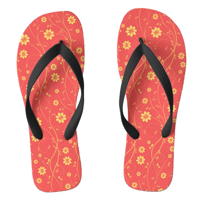 Cute Light Yellow & Coral Delicate Floral Pattern Flip Flops (Footbed)