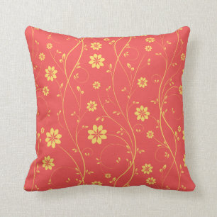Cute Light Yellow & Coral Delicate Floral Pattern Throw Pillow