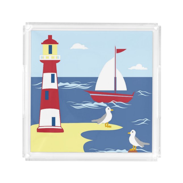Cute Lighthouse and Boat Seaside Art Acrylic Tray (Front)