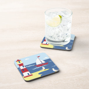 Cute Lighthouse and Boat Seaside Art Beverage Coaster