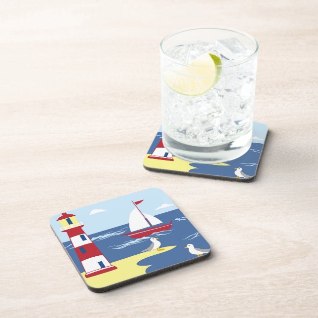 Cute Lighthouse and Boat Seaside Art Beverage Coaster (Right Side)