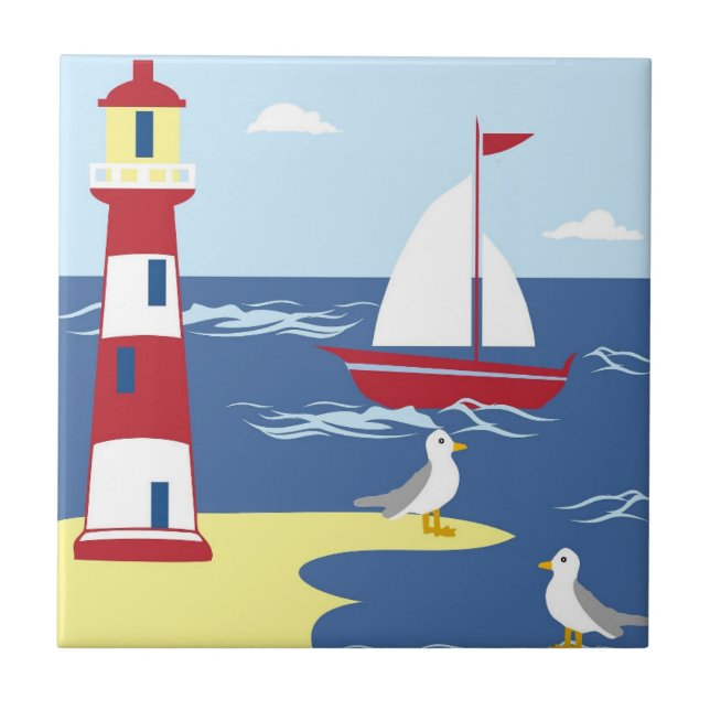 Cute Lighthouse and Boat Seaside Art Ceramic Tile (Front)