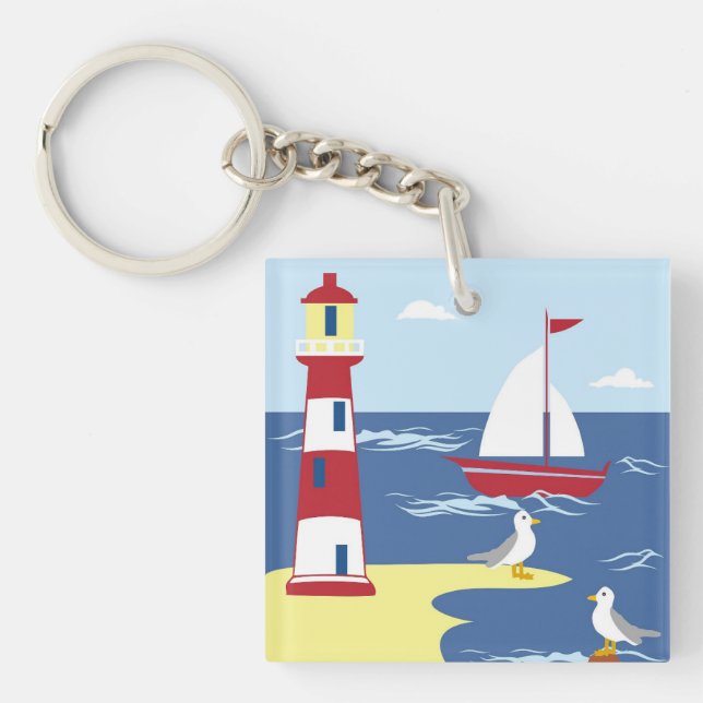 Cute Lighthouse and Boat Seaside Art Keychain (Front)