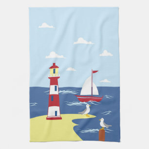 Cute Lighthouse and Boat Seaside Art Kitchen Towel