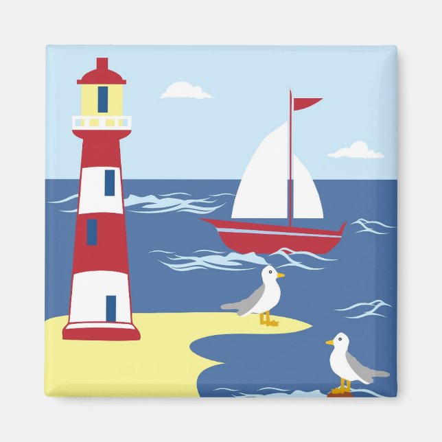Cute Lighthouse and Boat Seaside Art Magnet (Front)