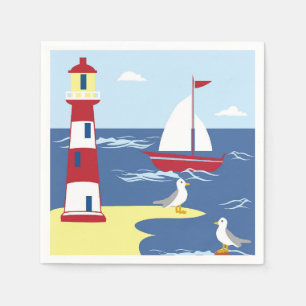 Cute Lighthouse and Boat Seaside Art Napkins