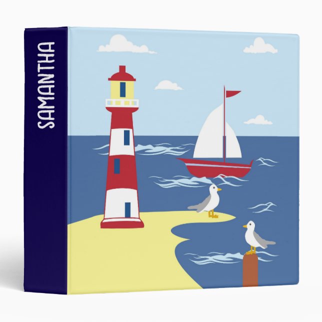 Cute Lighthouse and Boat Seaside Art Personalised 3 Ring Binder (Front/Spine)