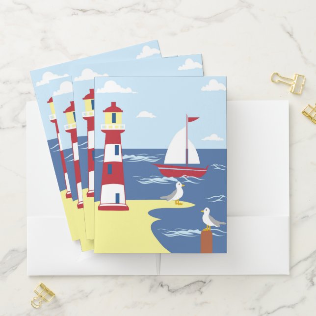 Cute Lighthouse and Boat Seaside Art Pocket Folder (In Situ)