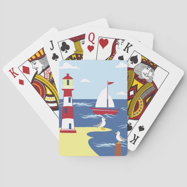 Cute Lighthouse and Boat Seaside Art Poker Cards (Back)