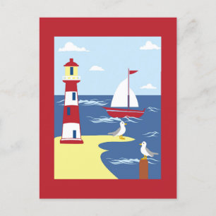 Cute Lighthouse and Boat Seaside Art Postcard