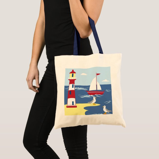Cute Lighthouse and Boat Seaside Art Tote Bag (Front (Product))