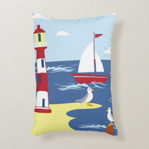 Cute lighthouse and Boat Seaside Illustration Accent Pillow