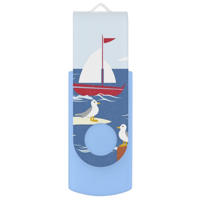 Cute lighthouse and Boat Seaside Illustration Flash Drive (Front Vertical)