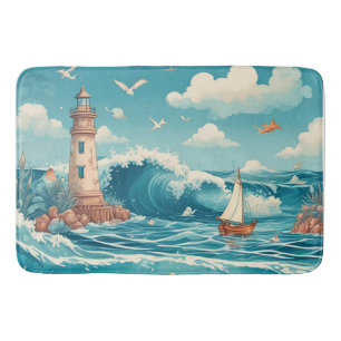 Cute Lighthouse & Ocean Dreamscape Bath Mat