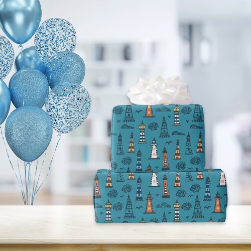 Cute Lighthouse Pattern  Dark Teal Wrapping Paper