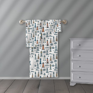 Cute Lighthouse Seamless Pattern Monogrammed Bath Towel Set