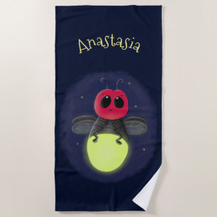 Cute lightning bug firefly cartoon illustration beach towel