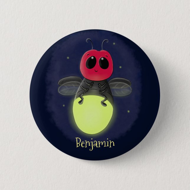 Cute lightning bug firefly cartoon illustration button (Front)