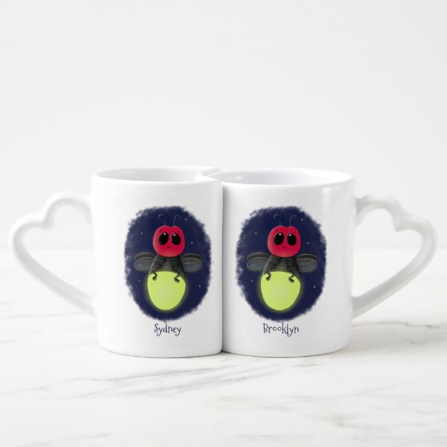 Cute lightning bug firefly cartoon illustration coffee mug set (Back Nesting)