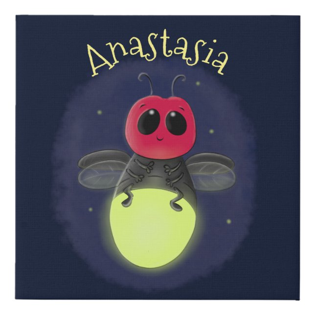 Cute lightning bug firefly cartoon illustration faux canvas print (Front)