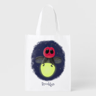 Cute lightning bug firefly cartoon illustration grocery bag