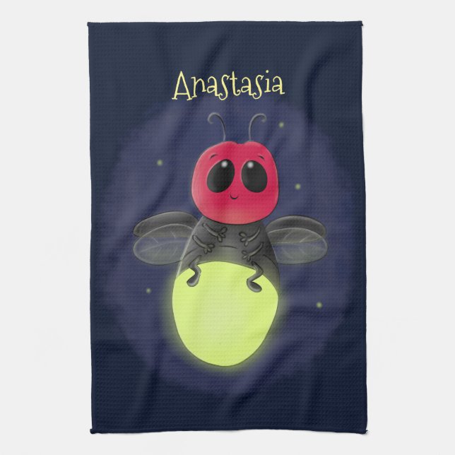 Cute lightning bug firefly cartoon illustration kitchen towel (Vertical)