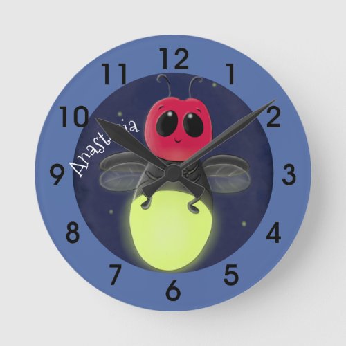 Cute lightning bug firefly cartoon illustration round clock
