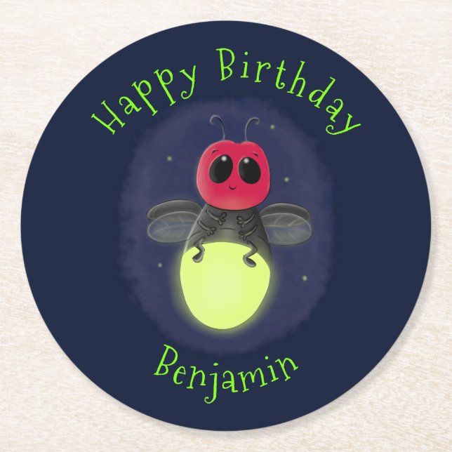 Cute lightning bug firefly cartoon illustration round paper coaster (Front)