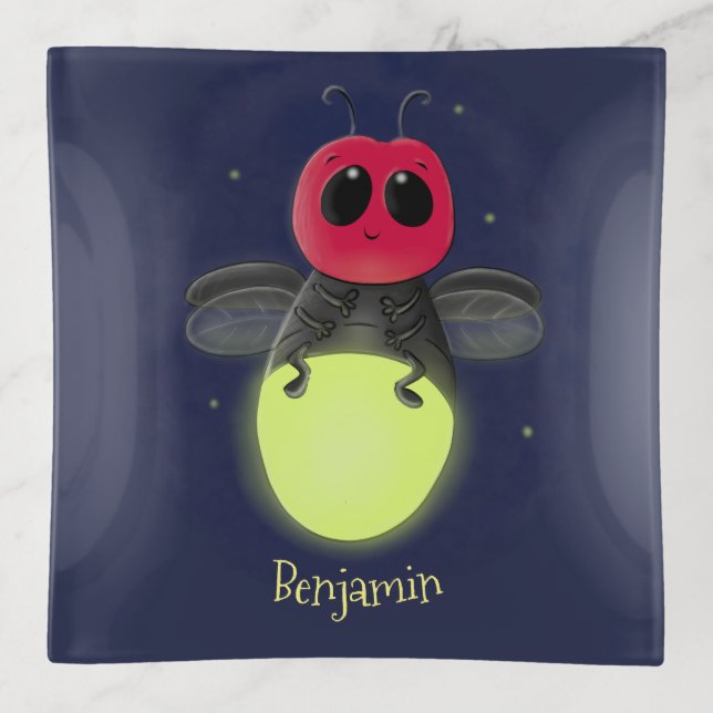 Cute lightning bug firefly cartoon illustration trinket tray (Front)