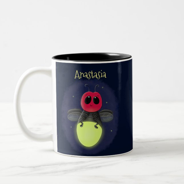 Cute lightning bug firefly cartoon illustration Two-Tone coffee mug (Left)