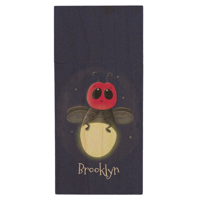 Cute lightning bug firefly cartoon illustration wood flash drive (Front Vertical)
