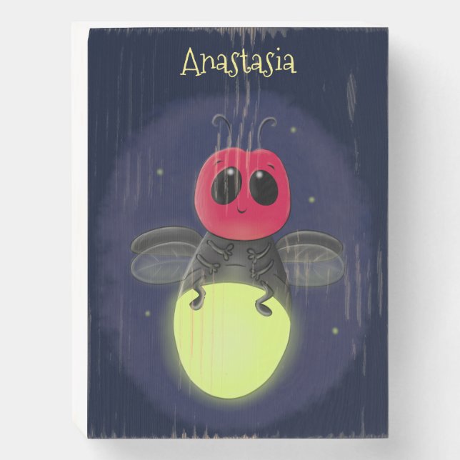 Cute lightning bug firefly cartoon illustration wooden box sign (Front Vertical)