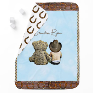 Cute Lil Cowboy Baby Boy and Teddy Bear Blanket