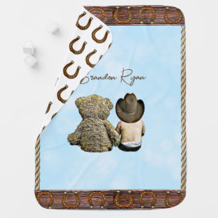 Cute Lil Cowboy Baby Boy and Teddy Bear  Blanket